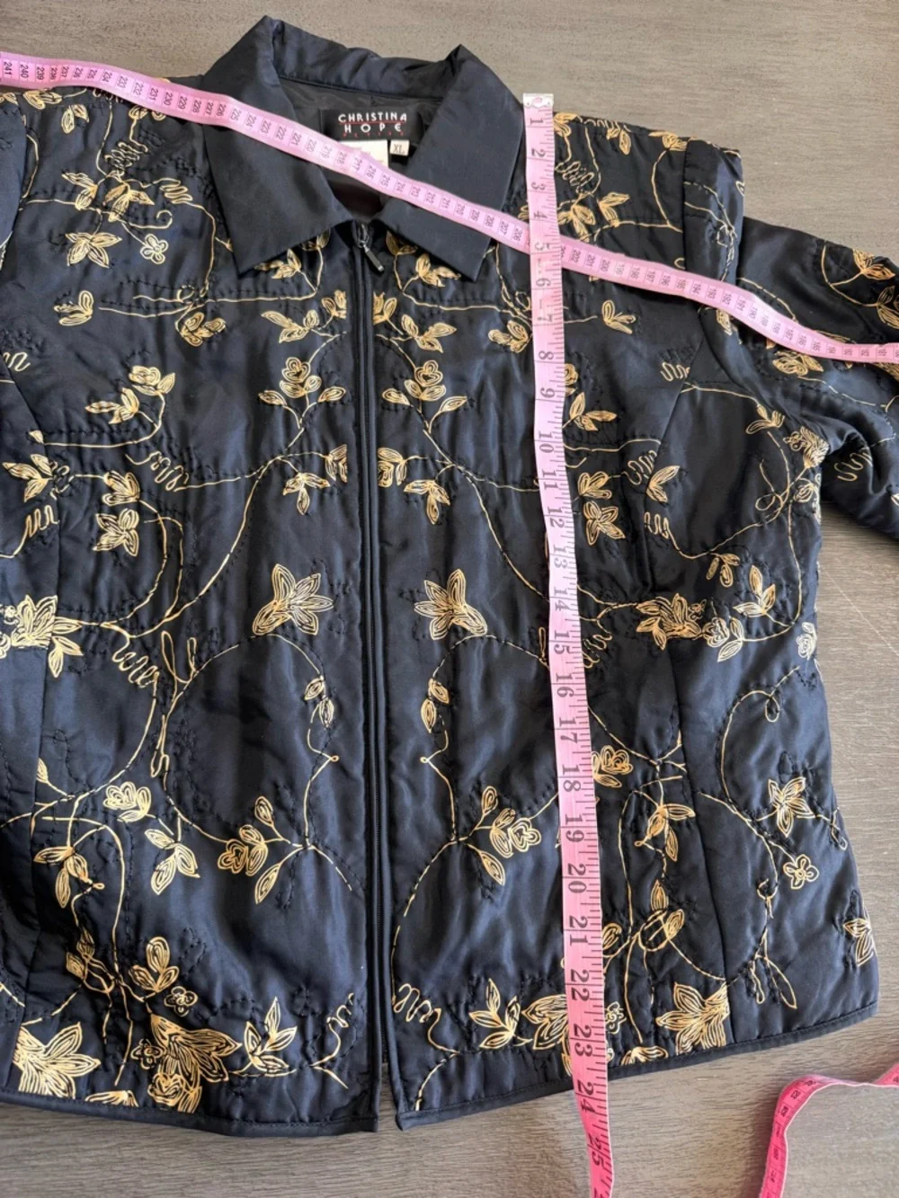 Vintage Silk Quilted Jacket Black Gold Floral Top XL Christina Hope